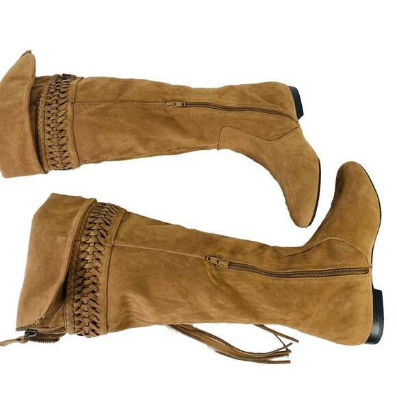 Mudd Womens Reto Tall Boots Size 6.5 Cognac Brown Hippie Bohemian Fringe Tassel - Picture 8 of 14